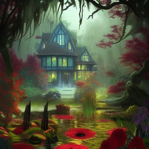 Gothic Cottagecore Home with Crimson Forest, 8K