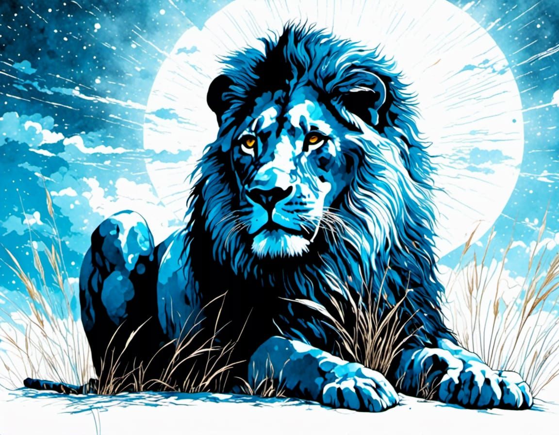 Blue Lion in Savanna, Klimt-Inspired Watercolor