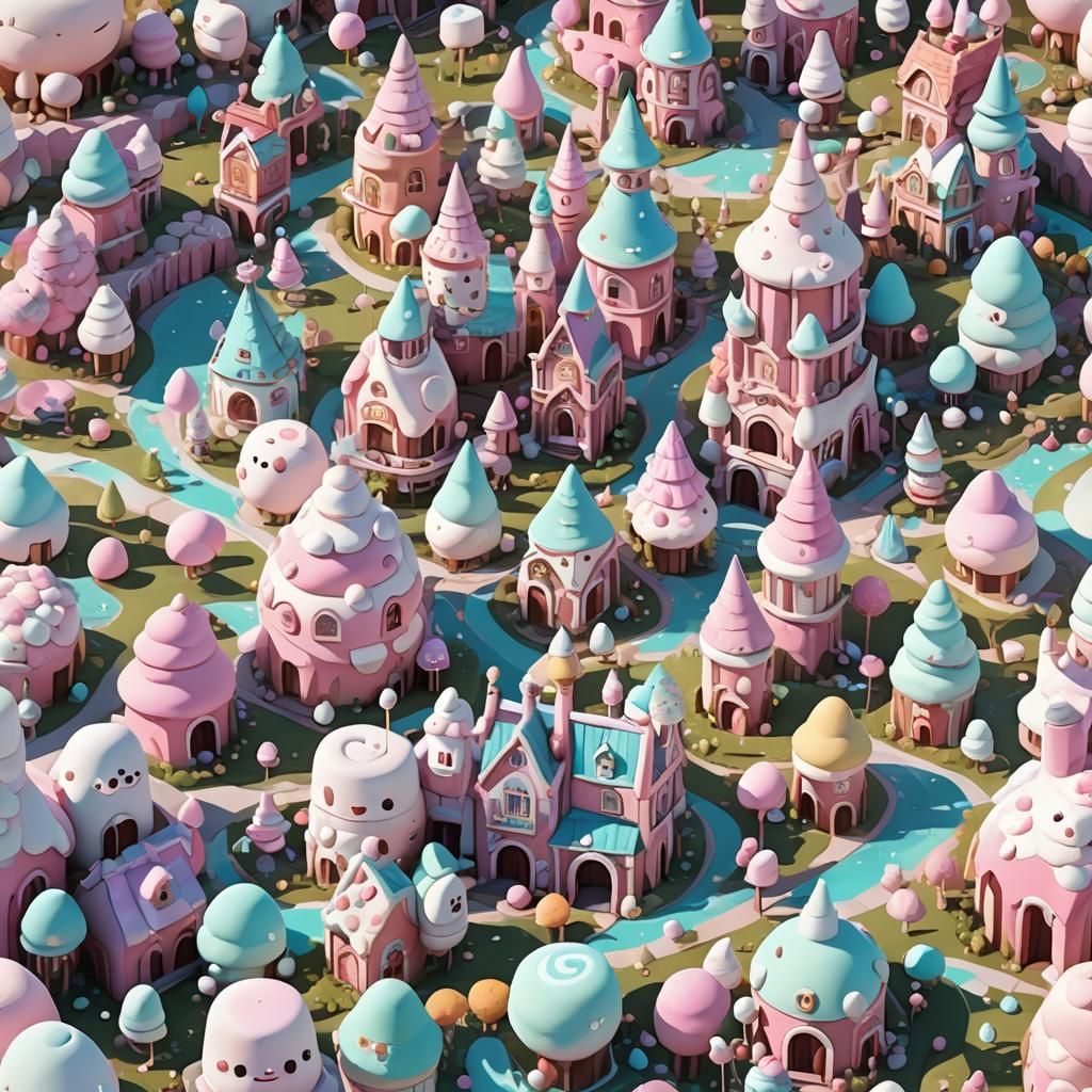 Marshmallowpunk World with Candy Buildings in Pastel Colors