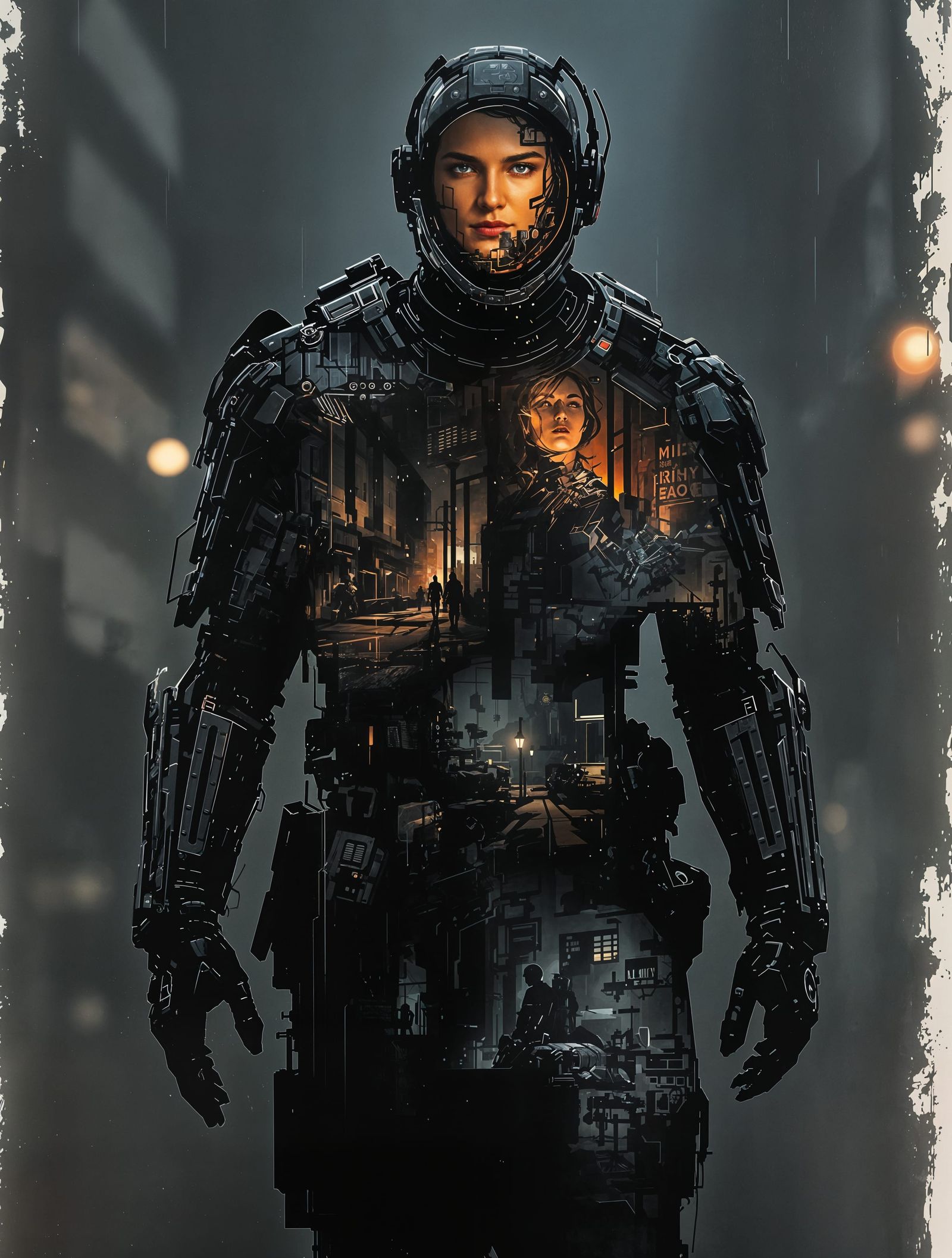 Cyborg Memories Unveiled in Double Exposure Noir