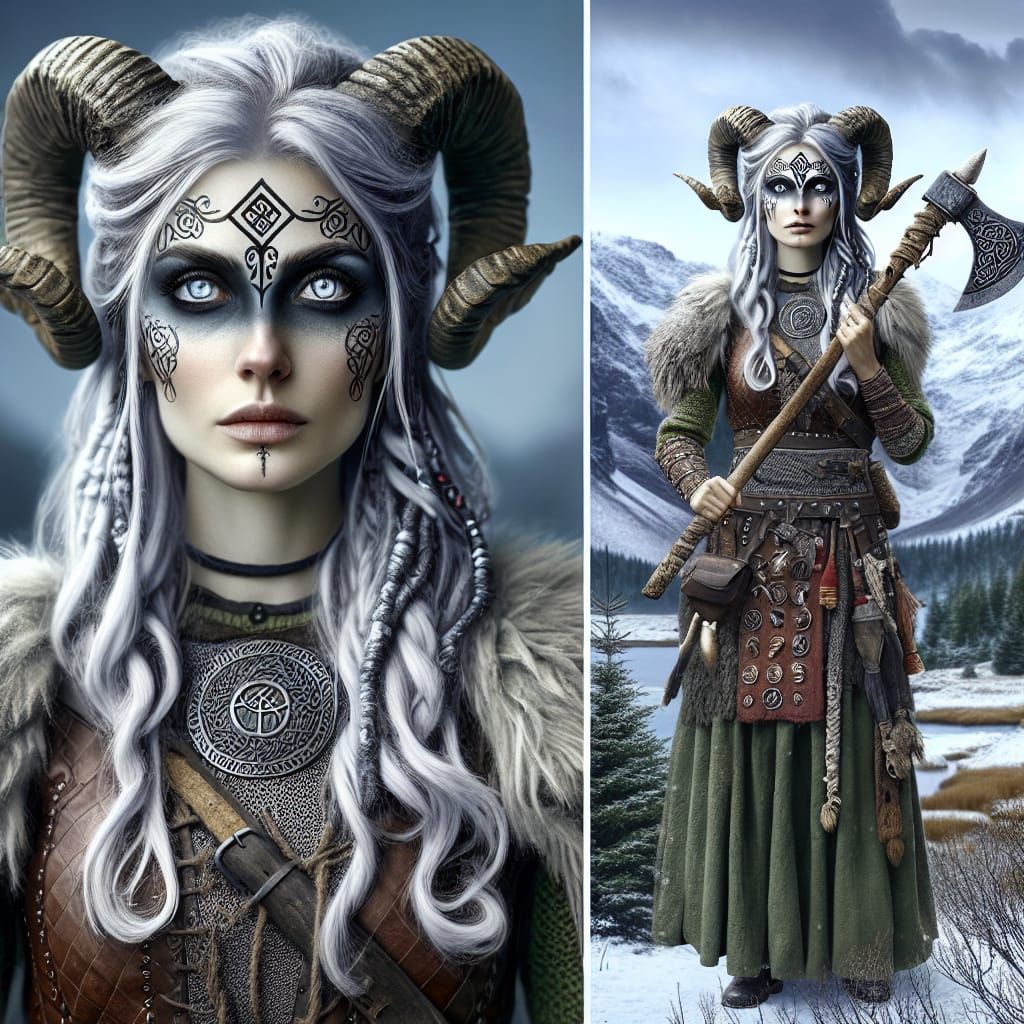 Druid Woman with Runes in Mountain Landscape