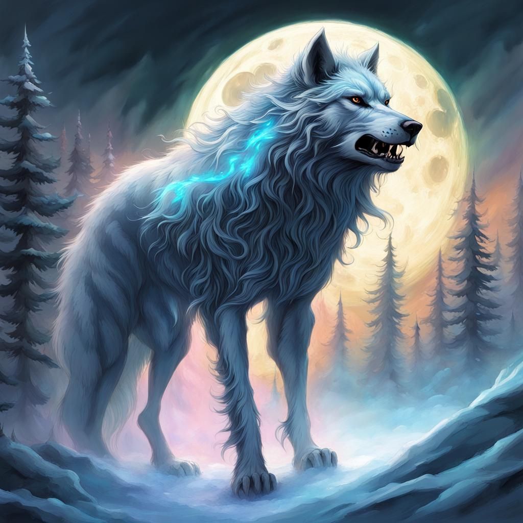 Glowing Wispy Werewolf with Bioluminescent Moon