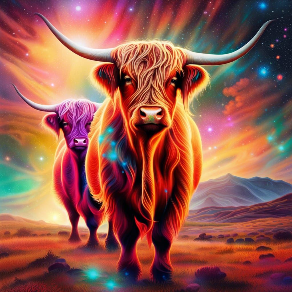 Astral Highland Cows in Cosmic Illustration