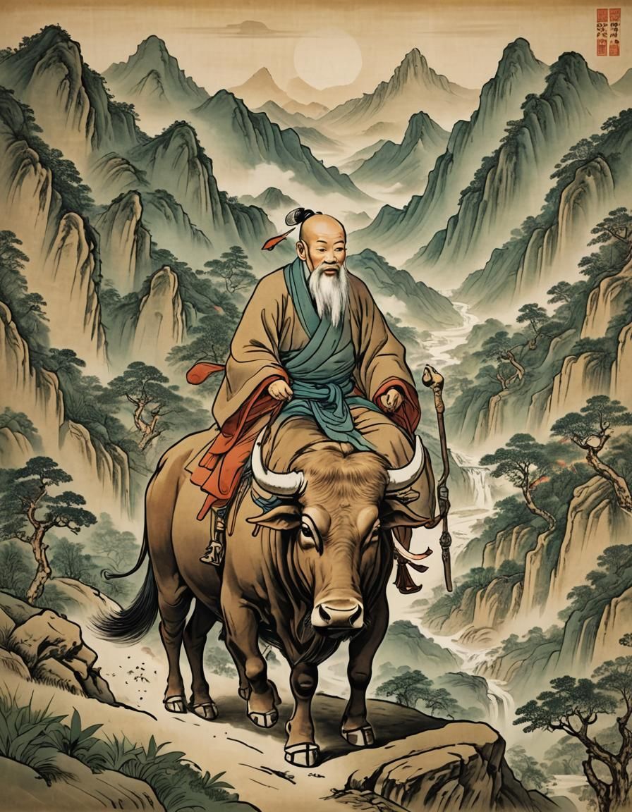 Lao Tzu's Mountain Journey on an Ox
