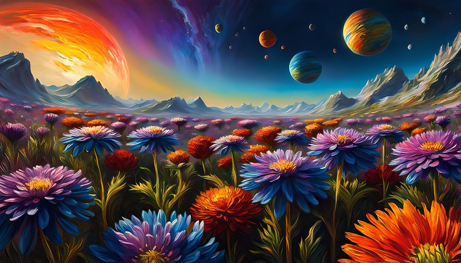 Blooming Flower Planets in Impasto Style