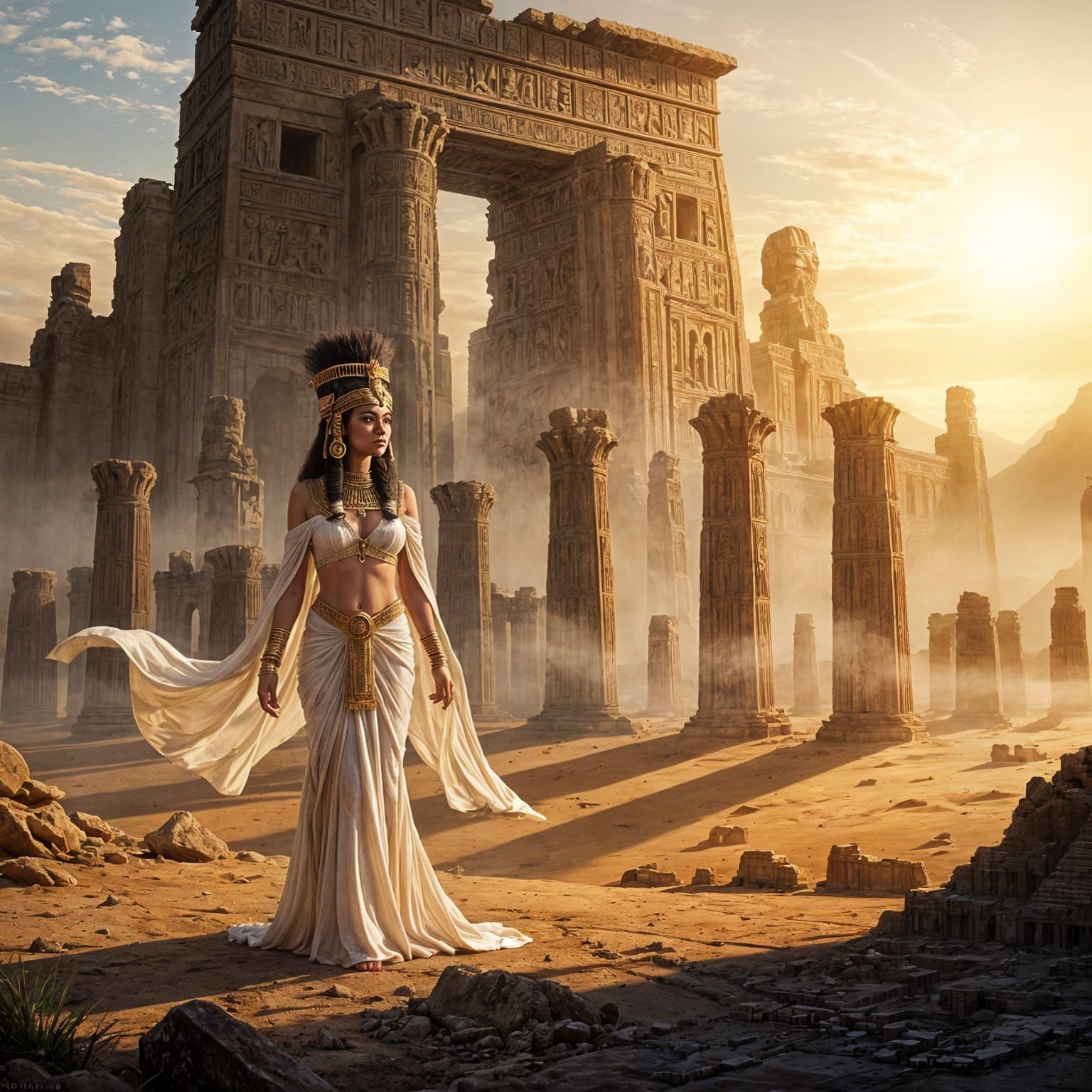 Ancient Egyptian Princess Before Forgotten City Ruins