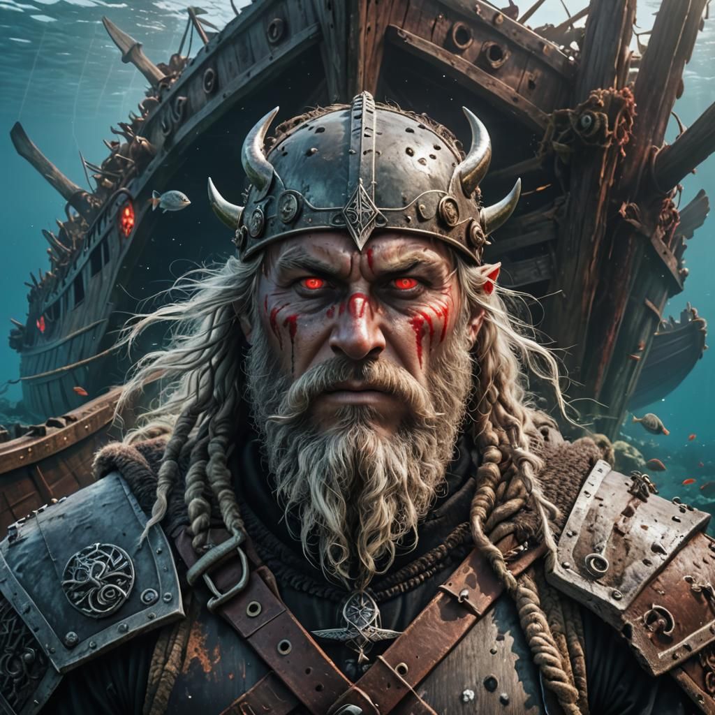 Viking Ghost and Sunken Longboat in Hyperrealism