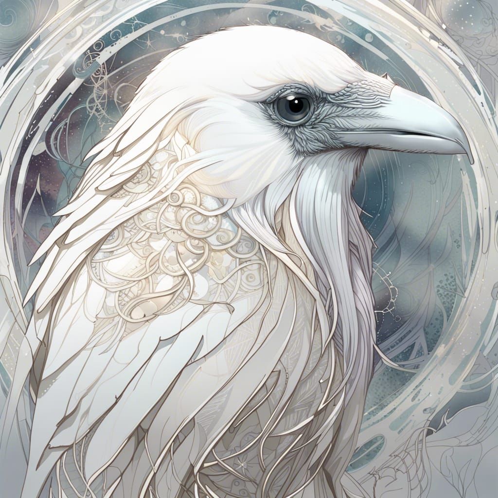 Elegant White Raven Portrait with Silver Outline