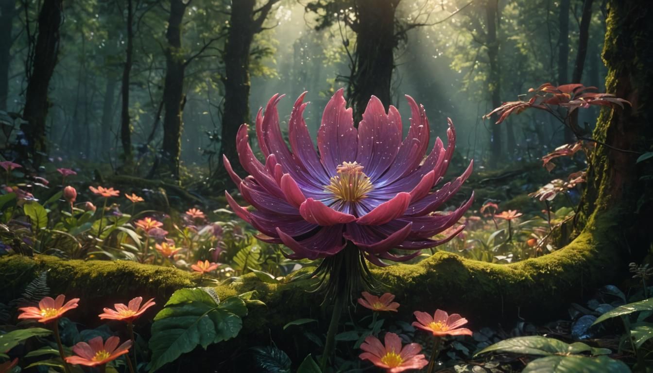 Vibrant Flourescent Flower in Mysterious Forest