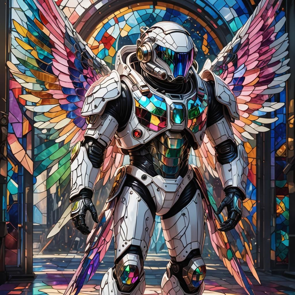 Biomechanical Astronaut with Stained Glass Wings