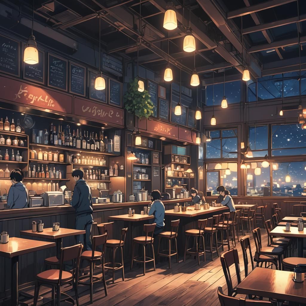 Anime Night Cafe Cel-Shaded Manga Illustration