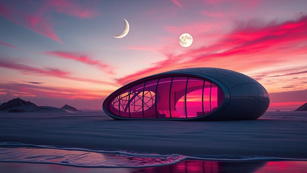 Futuristic Beachside Pod Home in Sunset Glow