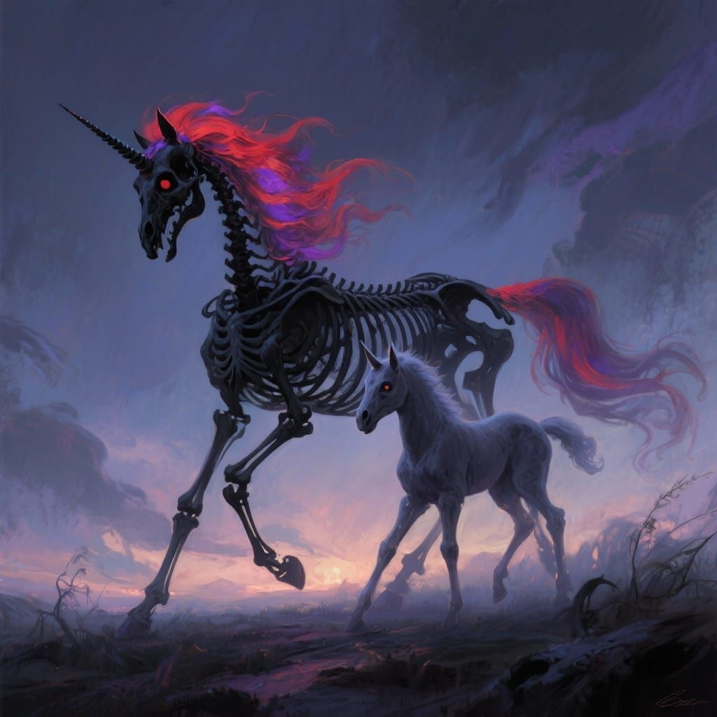 Skeleton Unicorn Mother and Foal in Twilight Glow