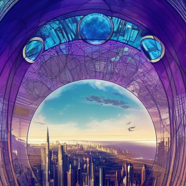 Retrofuturistic Dystopian City in Stained Glass Style