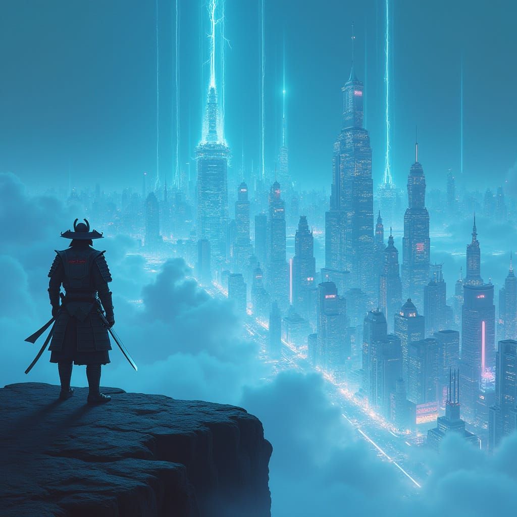 Samurai Over Cyberpunk City: Hyperrealistic Digital Art