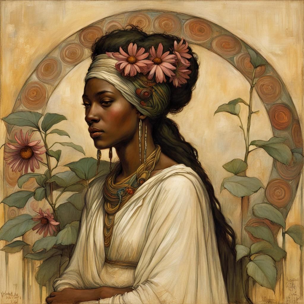 African Flower Goddess in Pre-Raphaelite Style