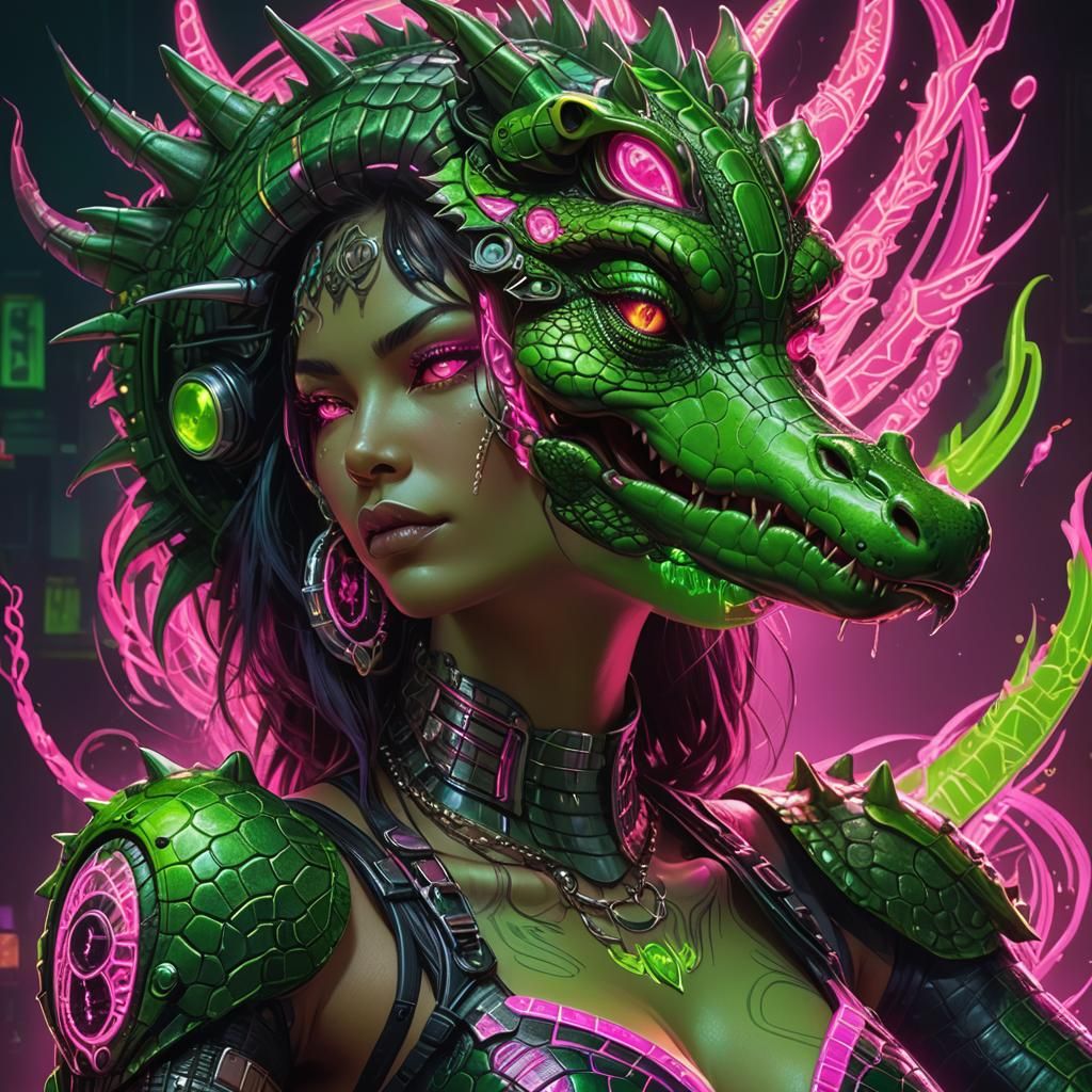 Biopunk Alligator Woman with Glowing Tattoos