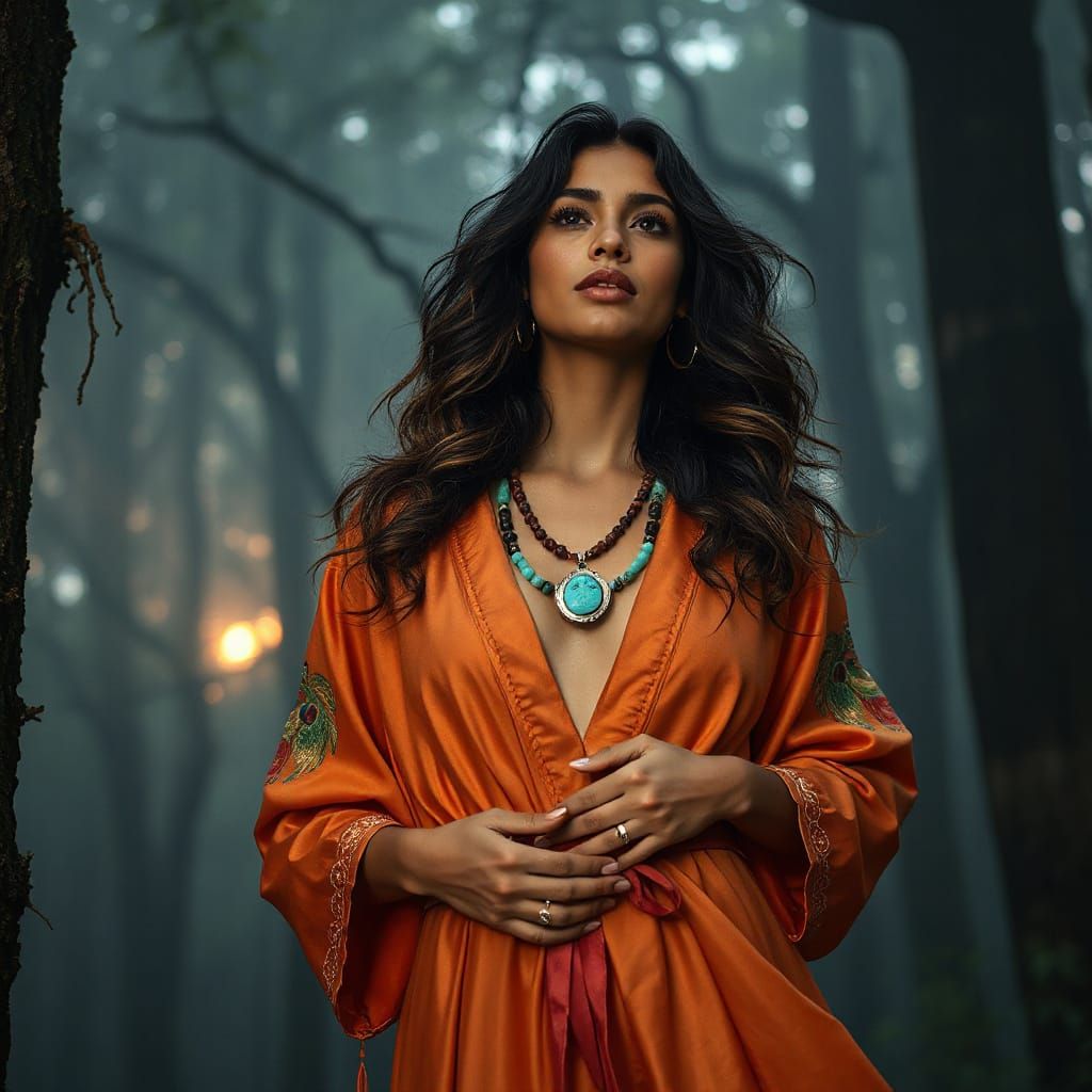 Ethereal Woman in Misty Ancient Forest at Twilight