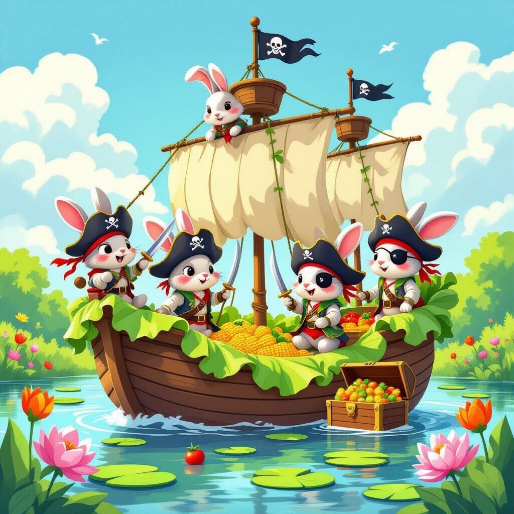 Pirate Bunnies Raid Lettuce Ship in Children's Book Style