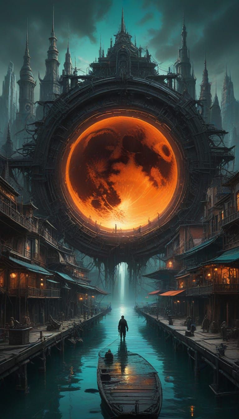 Ethereal Solar Eclipse Over Neon Cyberpunk Metropolis