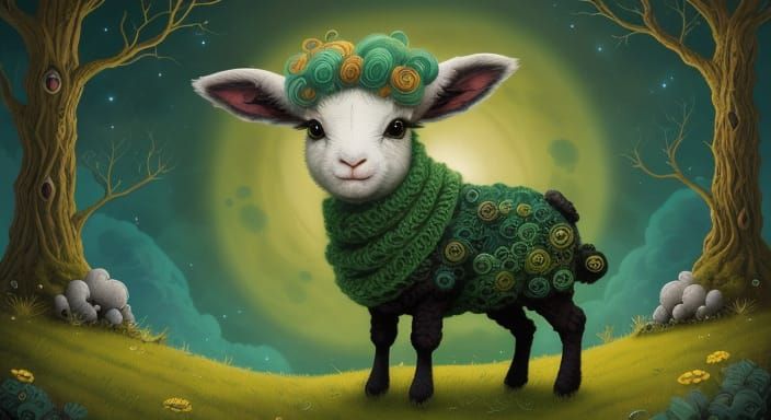 Gothic Punk Lamb with Green Mohawk in Fairytale Scene