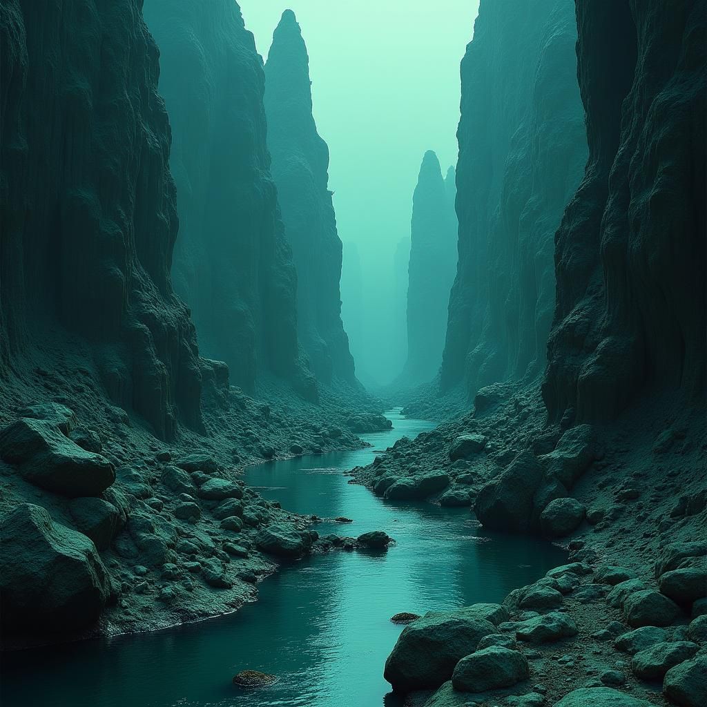 Mystical Riverbed Landscape in Matte Painting Style