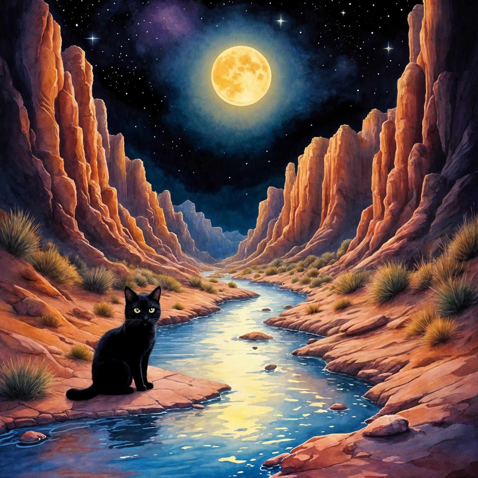 Watercolor Cat in Red Canyons Under Midnight Sky