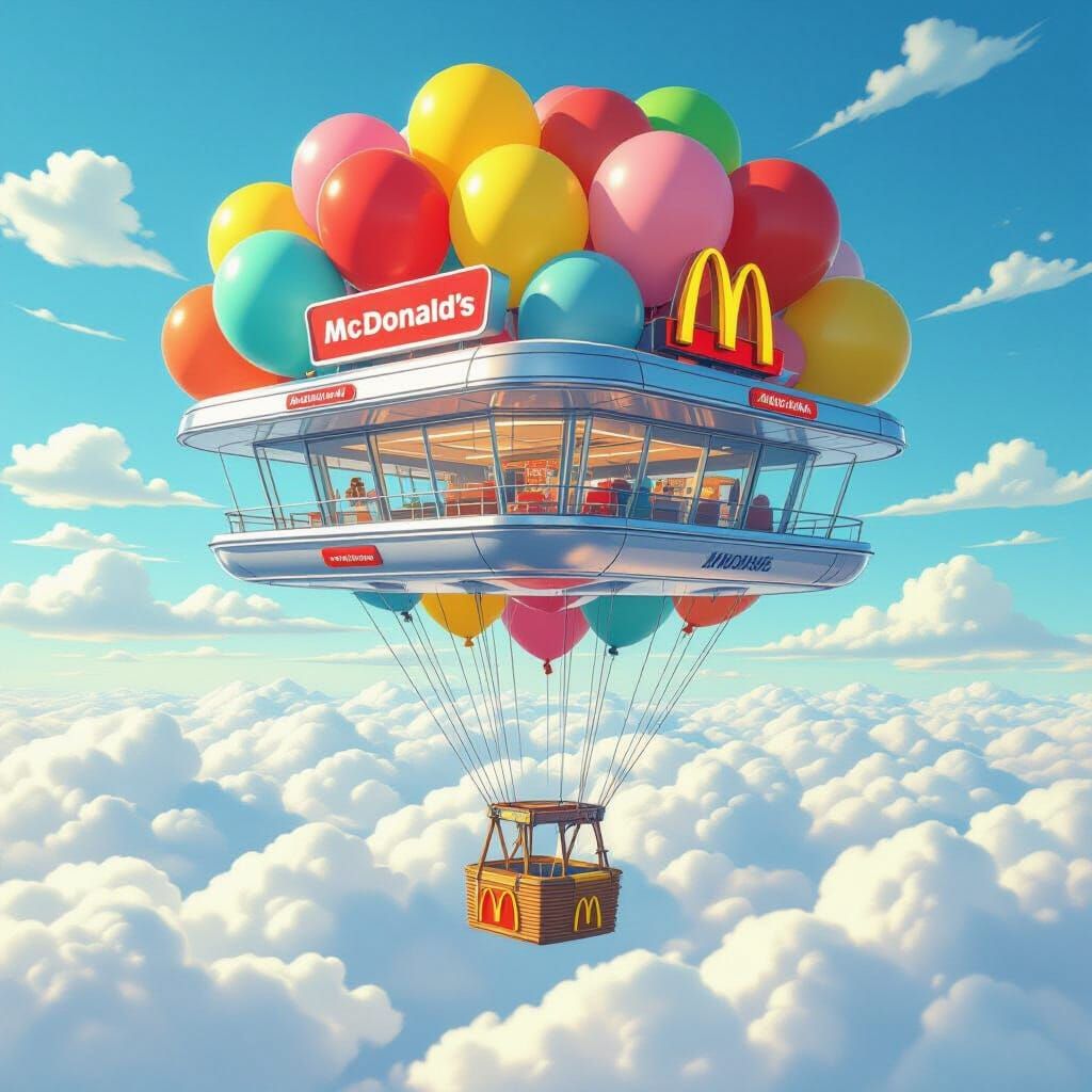 Futuristic McDonald's Ascends on Balloons, Ghibli Style