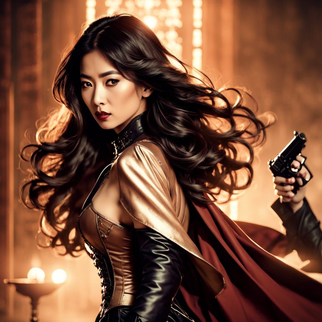 Elegant Asian Woman with Handgun in Cinematic Style