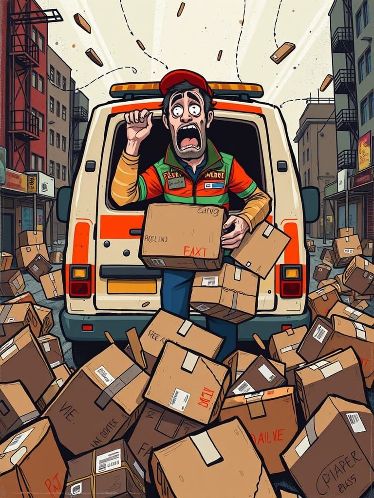 Chaotic Delivery Scene in Urban Art Style