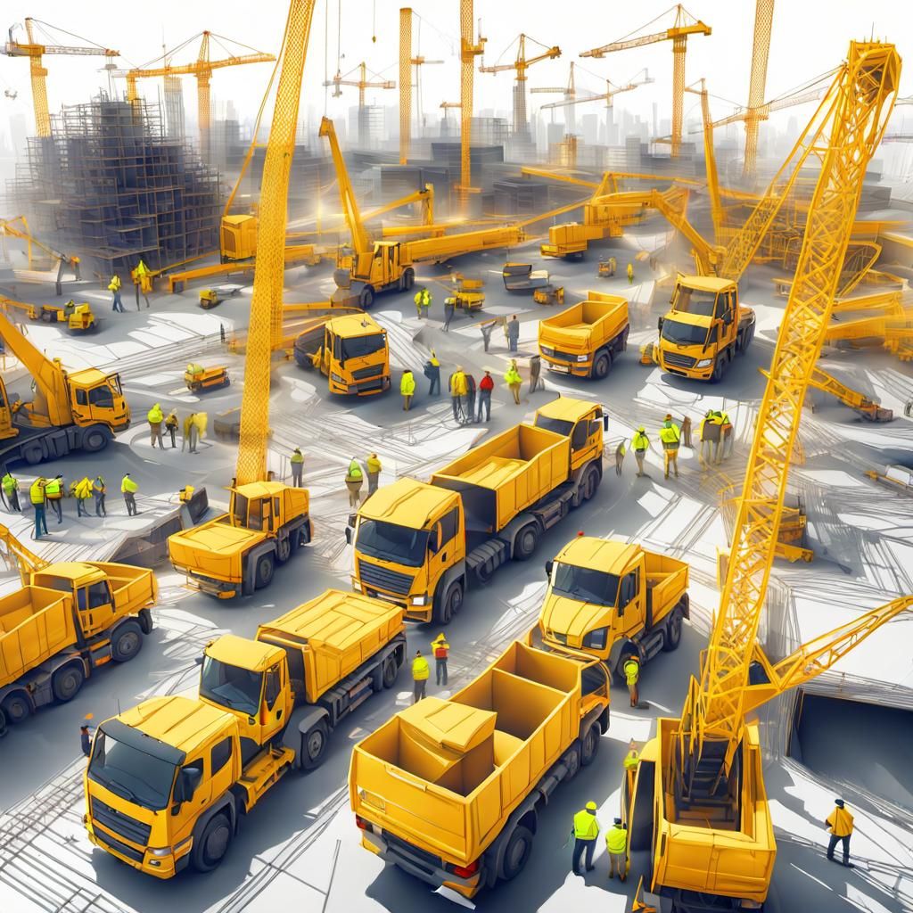 Construction Site with Cranes and Workers in Vector Art