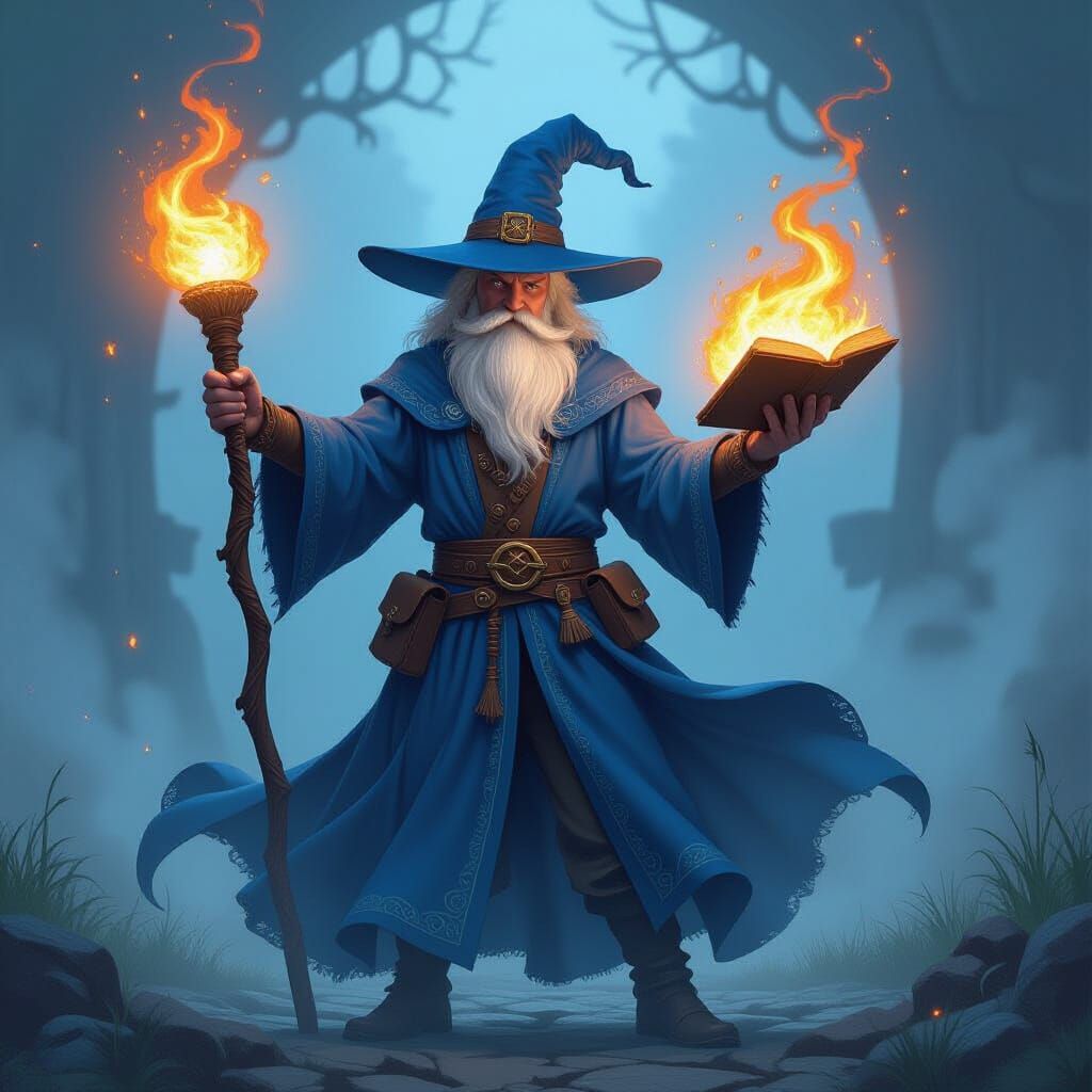 Mystical Wizard Conjuring Fireball, Fantasy Art