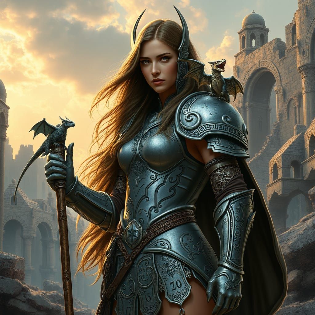 Armored Woman with Dragon in Ancient Ruins