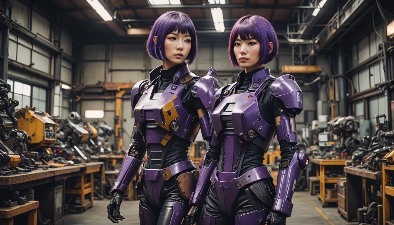 Japanese Mech Pilot in Workshop: Cinematic Film Still