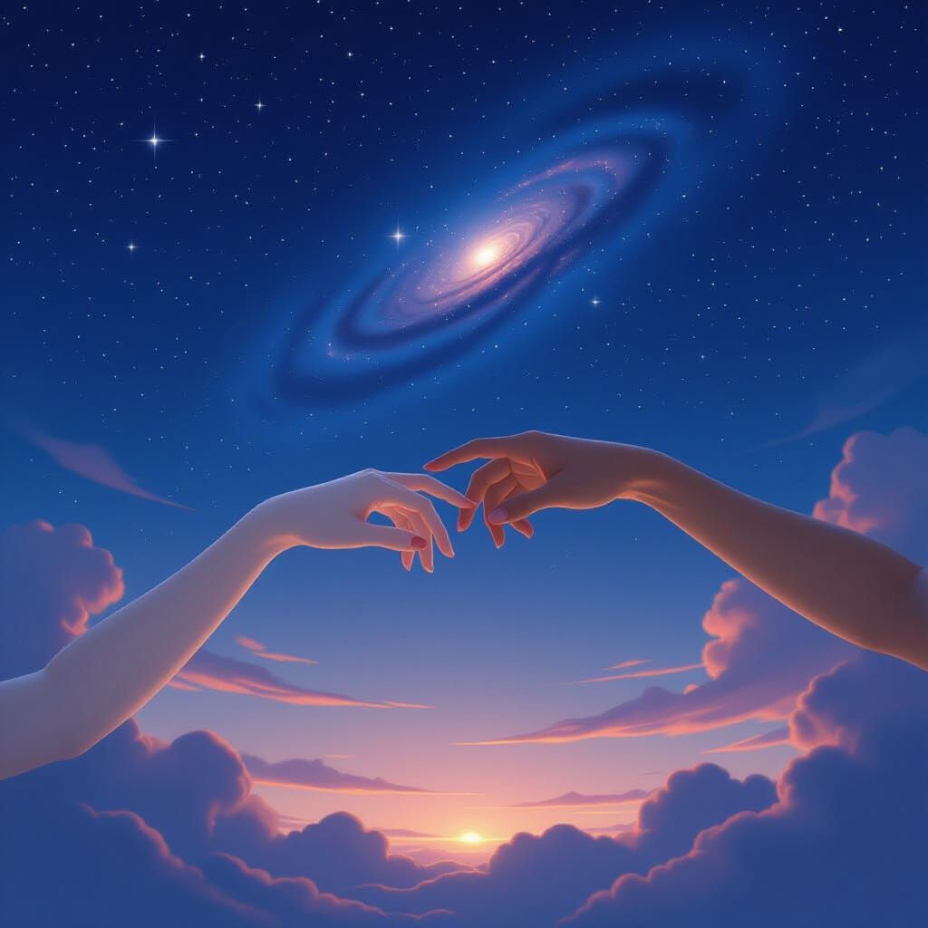 Two Arms Reaching Out in Twilight Under Starry Sky