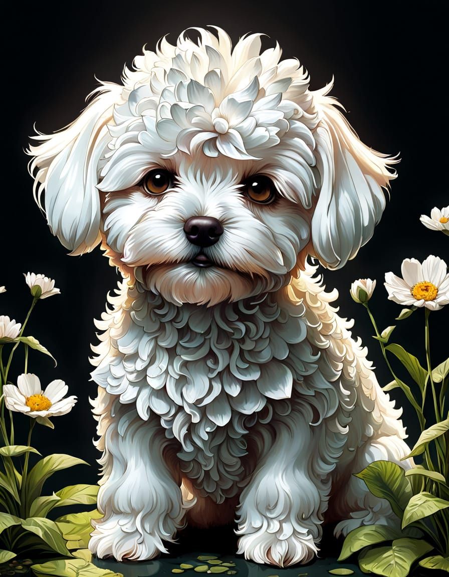 Adorable Maltipoo Puppy in Vibrant Floral Spring