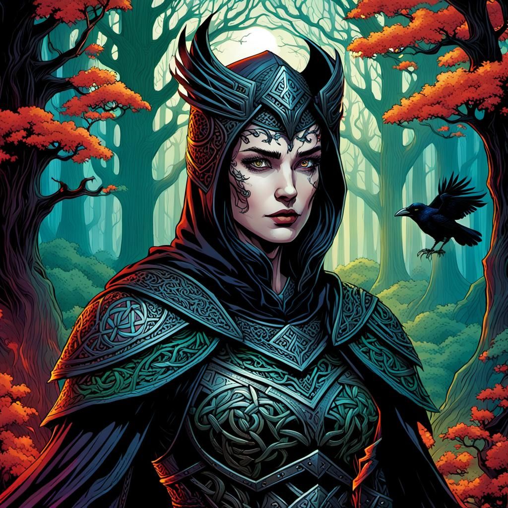 Morrigan Portrait in Celtic Armor, Dark Fantasy Art