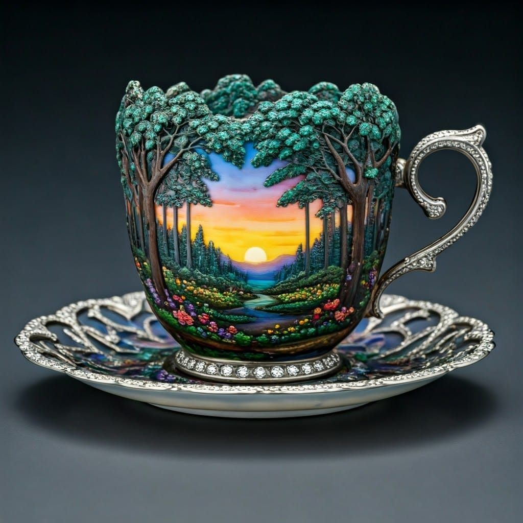 a bejeweled teacup by Tiffany showing a beautiful forest sunset.