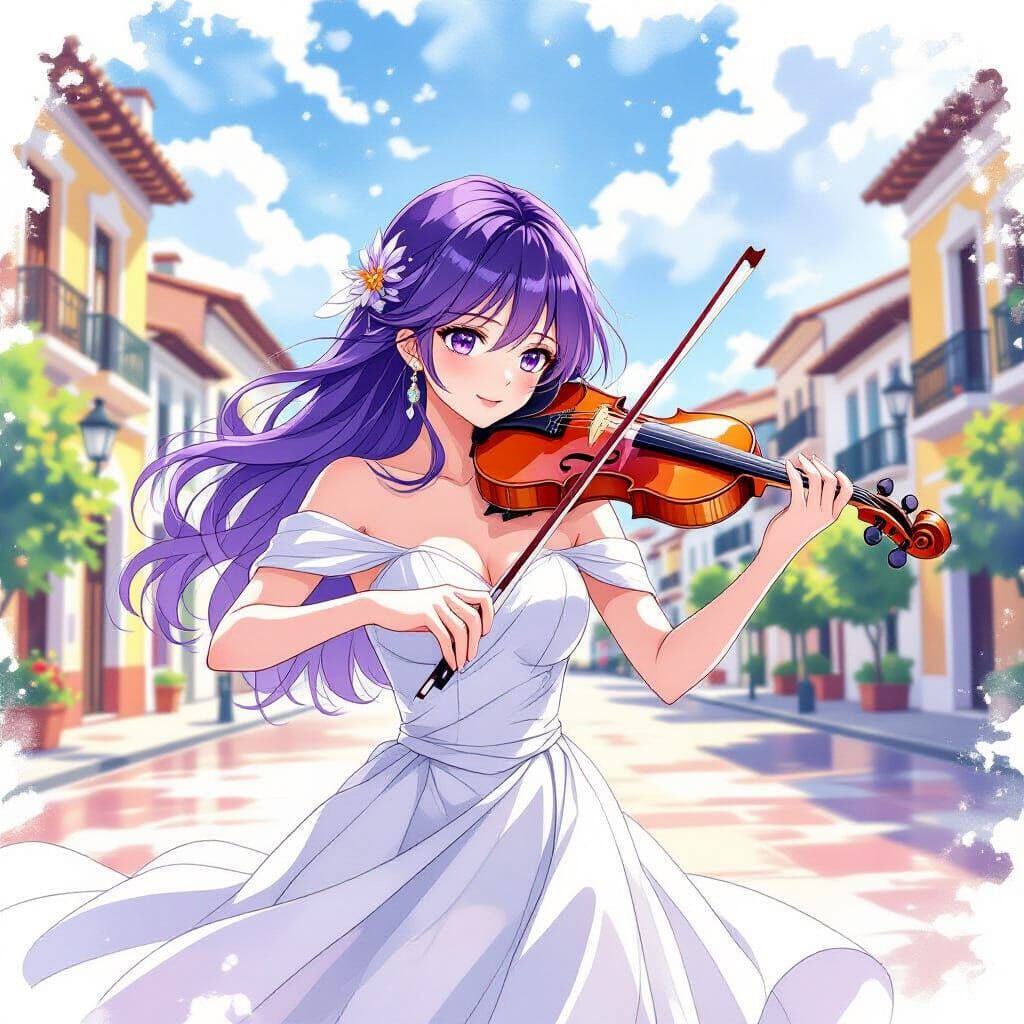 Anime Woman Violist in Venezuelan Plaza, Watercolor Style