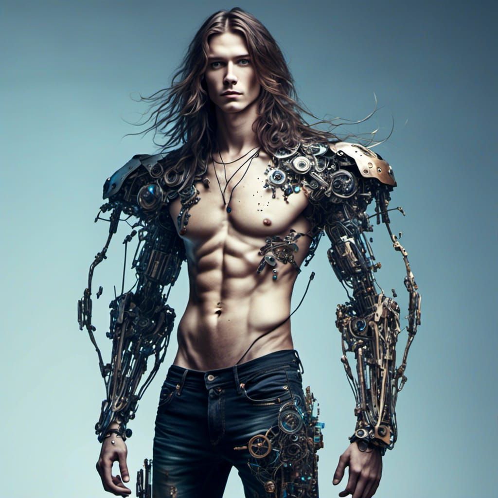 Hyperreal Robot Man: Detailed, Shirtless, Young