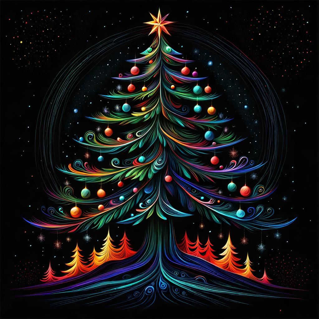 Cosmic Folk Art Christmas Tree Illustration