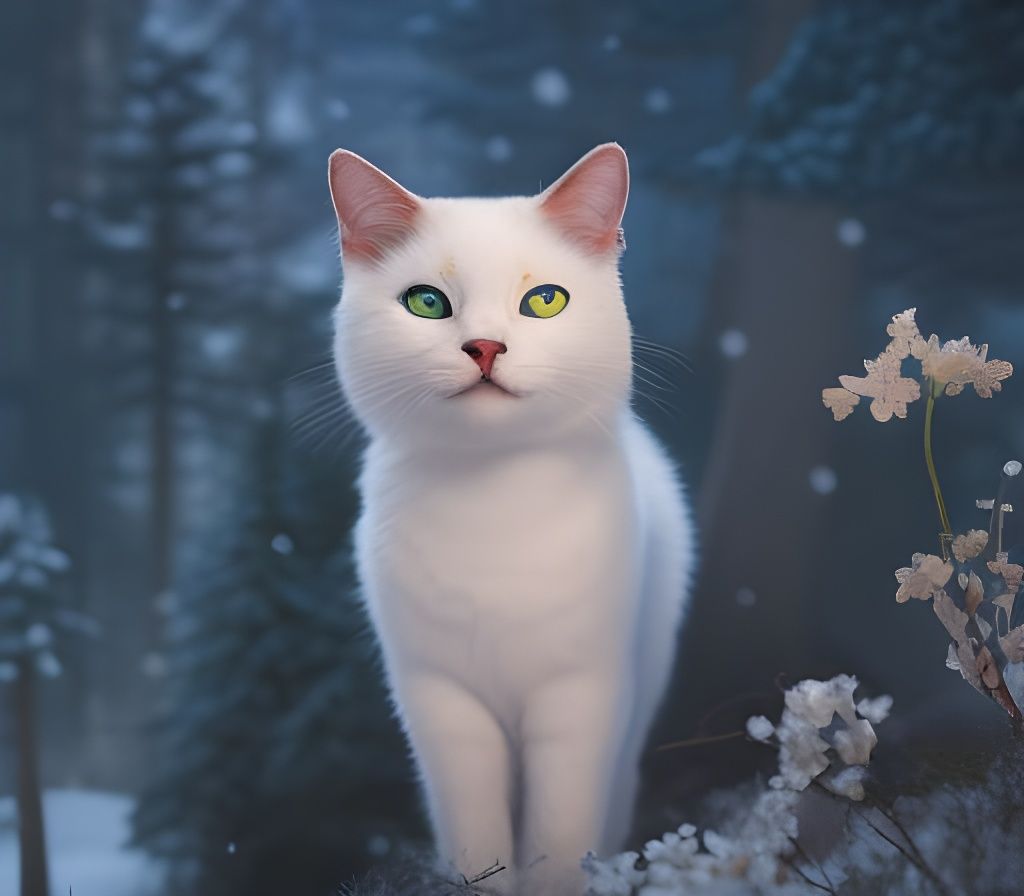 Snowy Cat with Pink Flowers Oil Painting