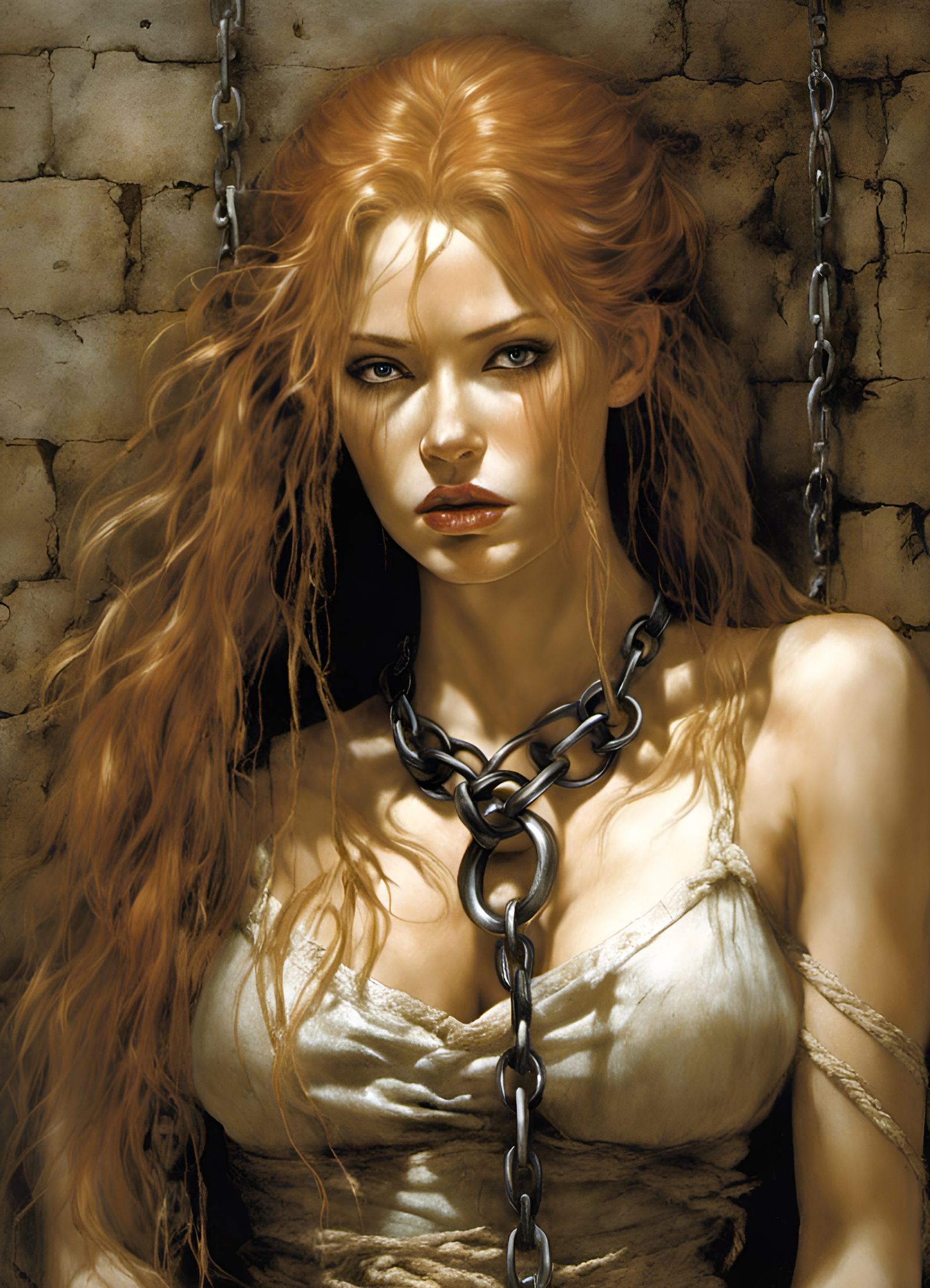 Shackled Ginger Woman in Dark Prison Cell