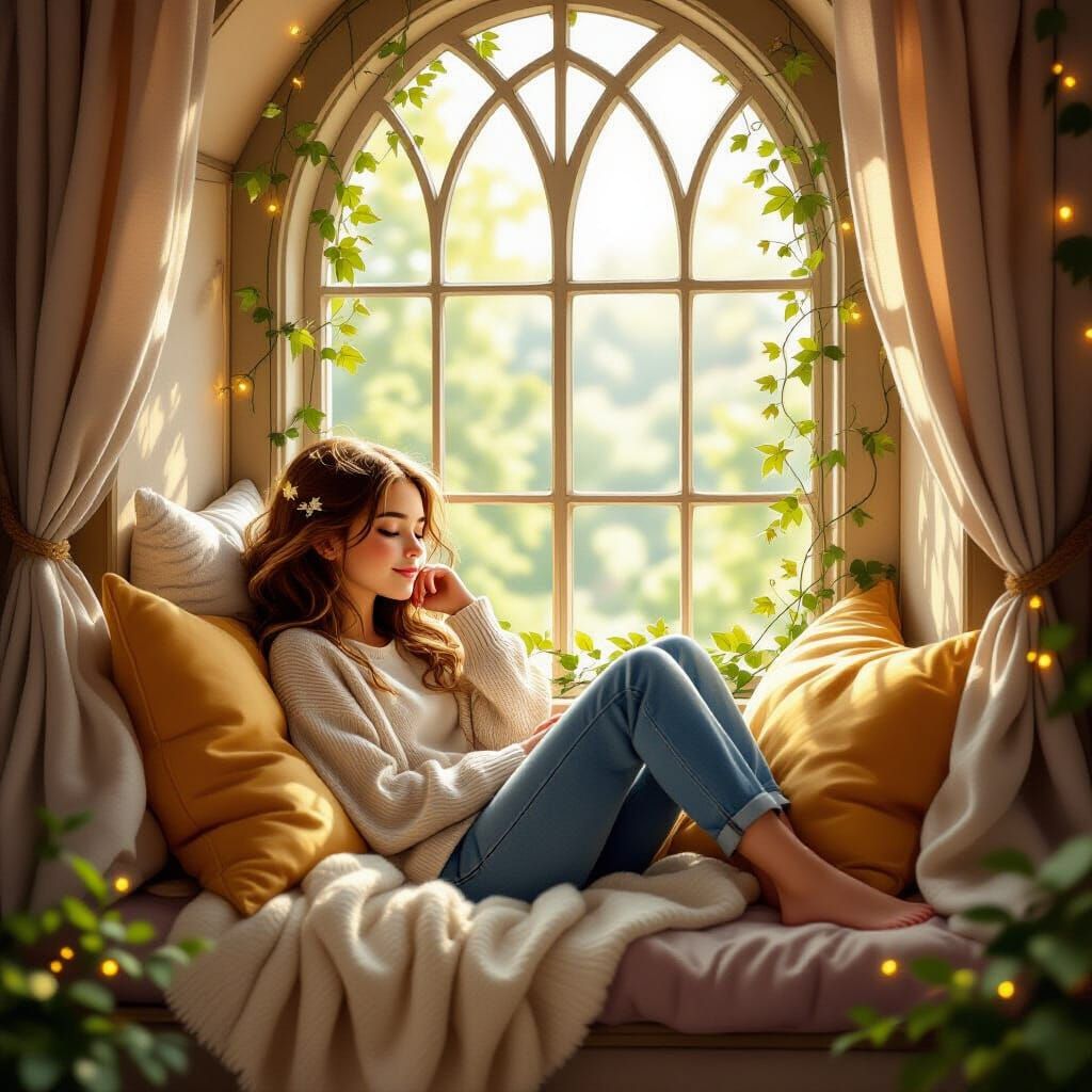 Teenager in Cozy Window Seat, Fantasy Illustration