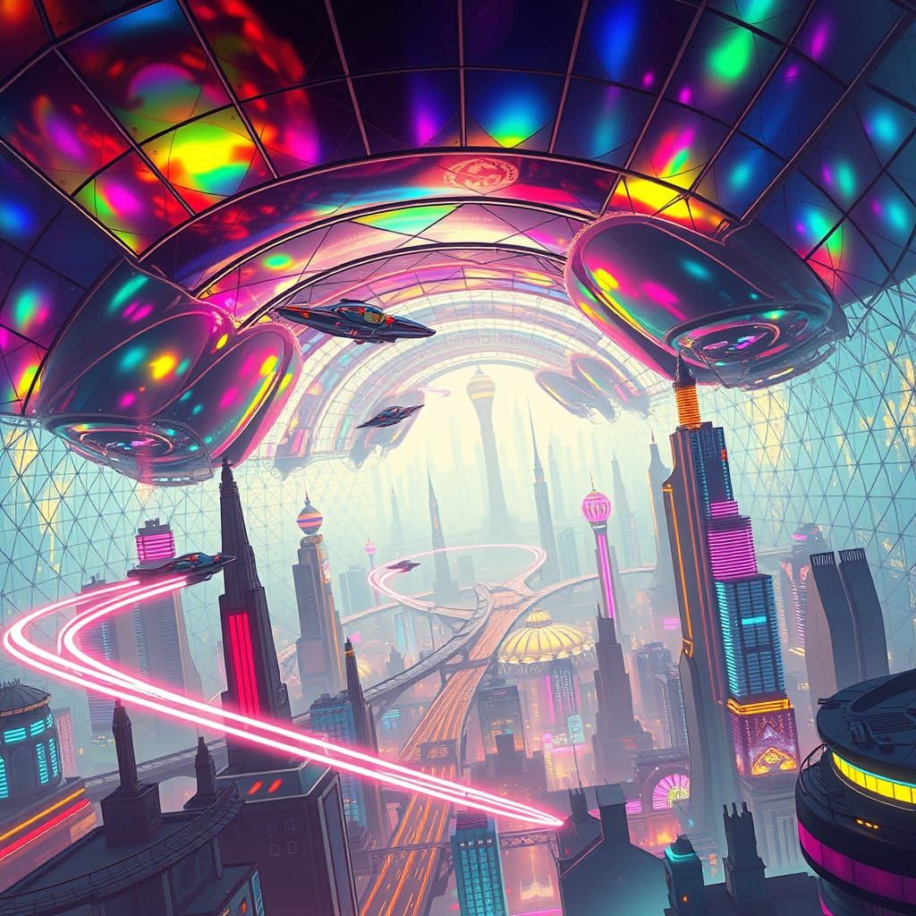 Metropolis in Iridescent Domes, 1980s Futuristic Cityscape