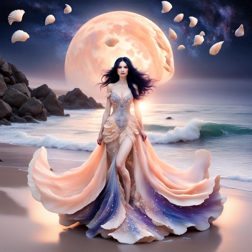 Woman in Seashell Dress on Starry Beach