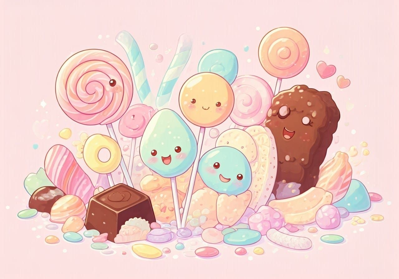 Kawaii Chibi Manga Candy Characters in Watercolor Style