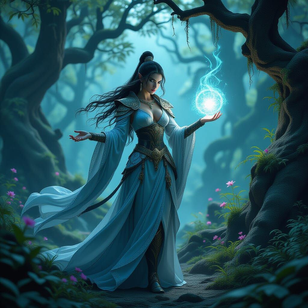 Powerful Sorceress Casting Spell in Mystical Forest