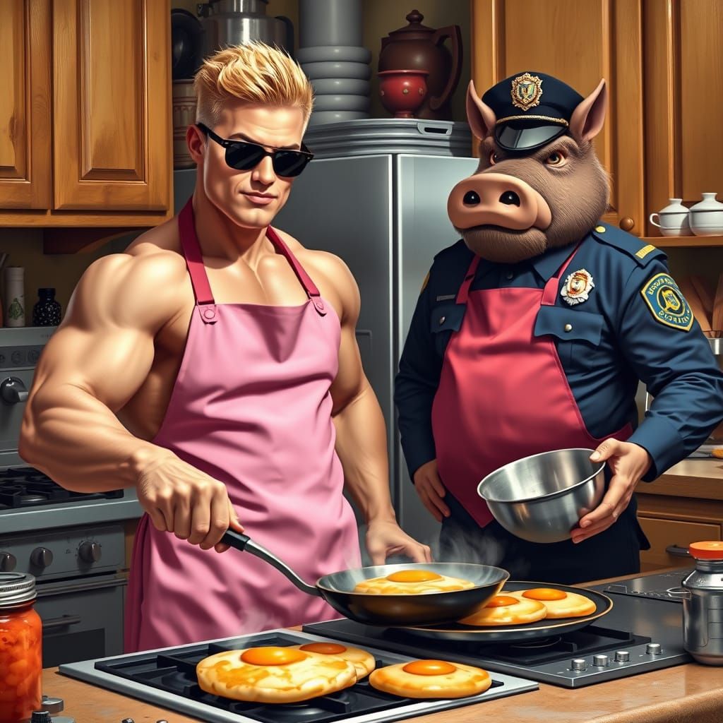 Muscular Blond Hero Flambés Pancakes in a Whimsical Kitchen