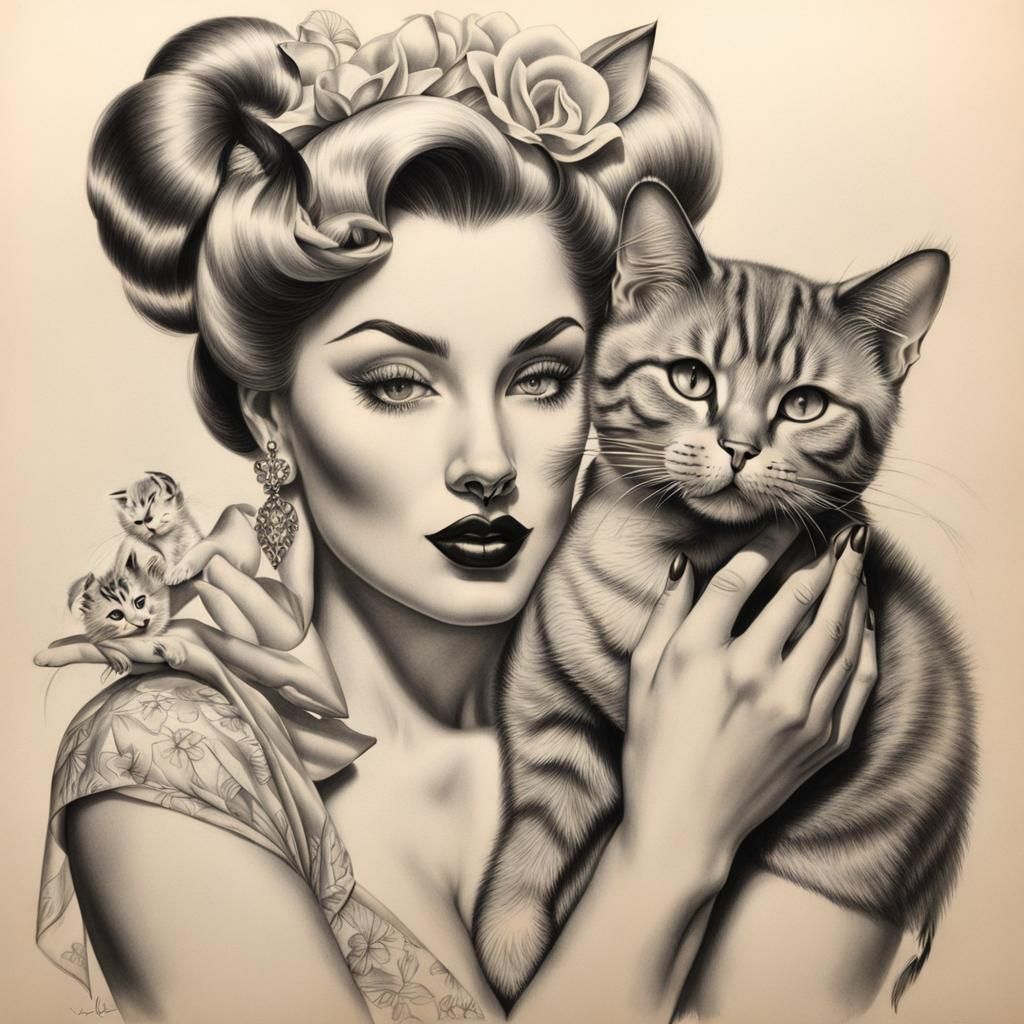Pinup Girl with Cat in Vargas Style